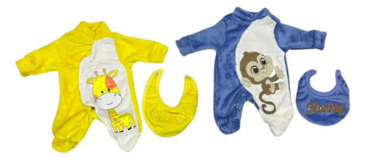 2 Pack Mameluco Suavecito Y Babero con divertidos bordados para Recién Nacido