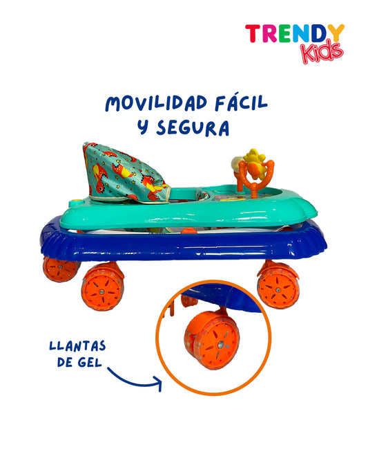 Andadera para Bebé con Juguetero, Altura Ajustable y Llantas de Gel – Estampado de Dinosaurios o Unicornios